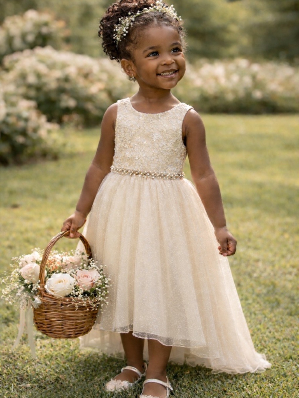 Biscotti Flower Girl Dress Size 4 Champagne High Low Tulle Dress Pearl Waist